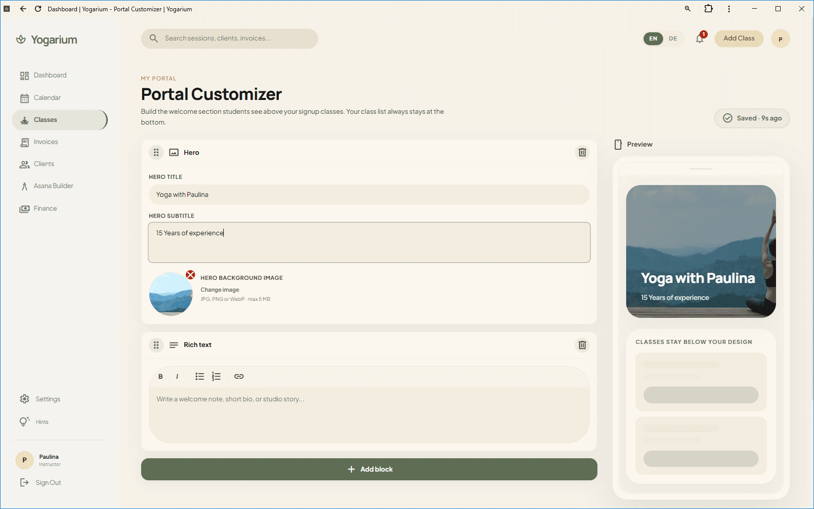 Live example of a Yogarium public booking portal for a yoga teacher
